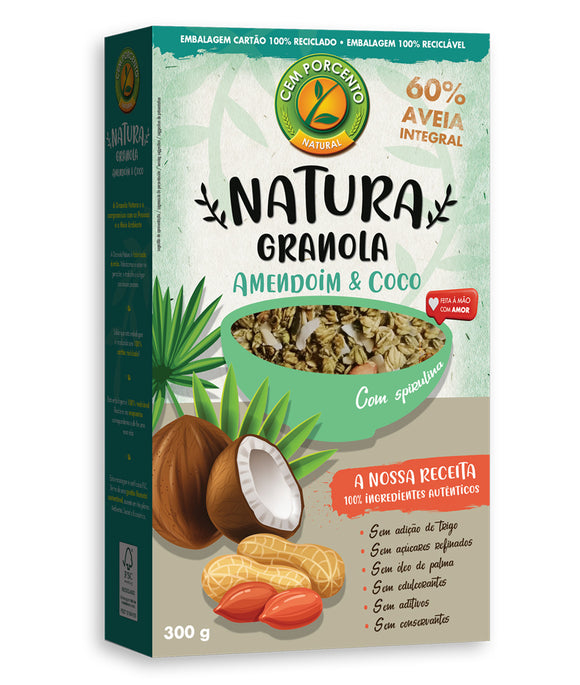 Granola Natura Amendoim e Coco Com Spirulina 300g- Cem porcento - Crisdietética