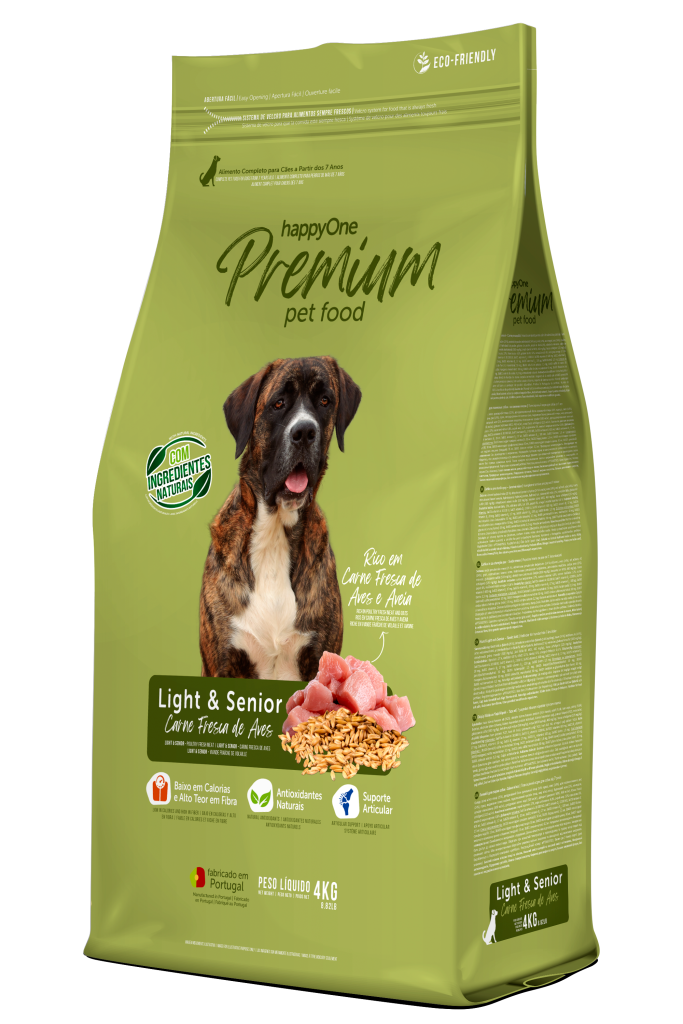 Ração seca p/Cão Light & Senior Carne Fresca Aves4 kg - HappyOne Premium