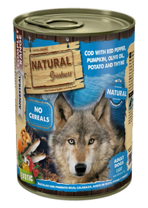 Kabeljau für Hunde mit rotem Pfeffer, Kürbis, Olivenöl, Kartoffeln und Thymian 390 g – Natural Greatness – Crisdietética