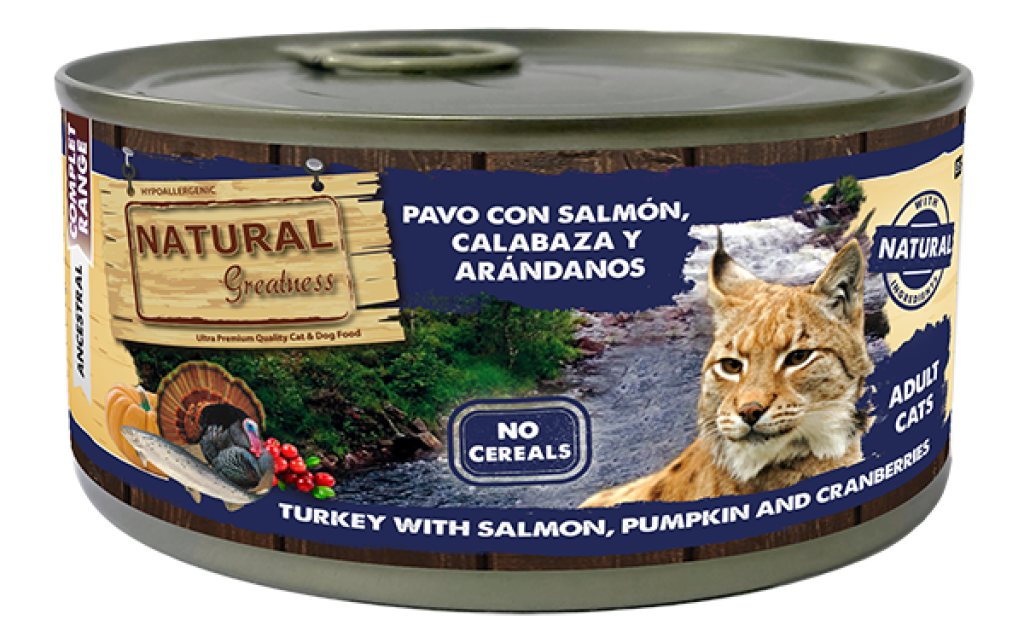 Alimento umido Gato Cat Tacchino & Salmone, Zucca & Mirtilli Rossi 185gr- Natural Greatness - Crisdietética