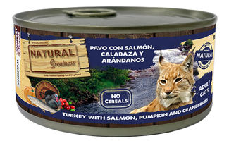Alimento umido Gato Cat Tacchino & Salmone, Zucca & Mirtilli Rossi 185gr- Natural Greatness - Crisdietética