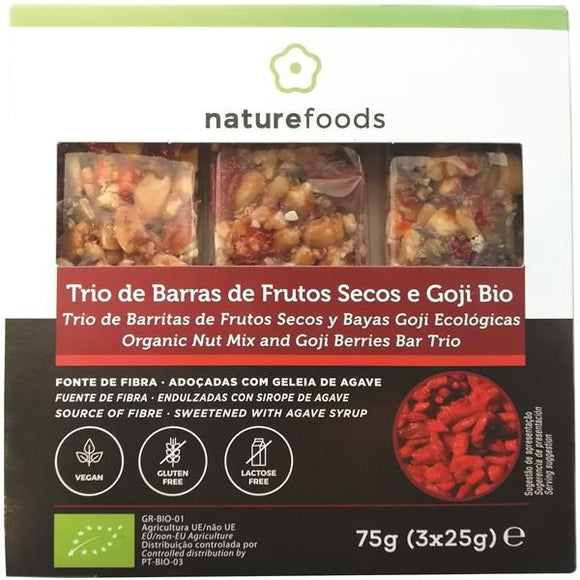 Trio Barras Frutos Secos + Goji Biológico 75g - Naturefoods - Crisdietética