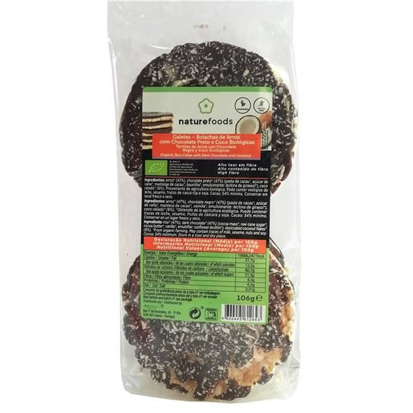 Bolachas de Arroz com Chocolate Preto e Coco Biológico 106g - Naturefoods - Crisdietética