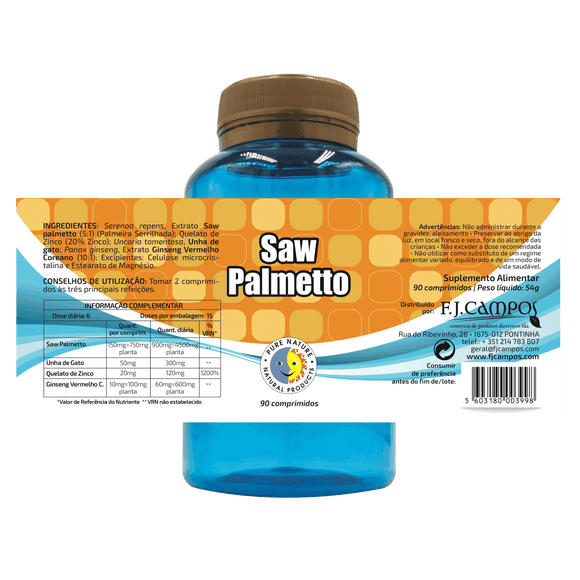Saw Palmetto + Ginseng + Unha de Gato 180 Comprimidos - Pure Nature - Crisdietética