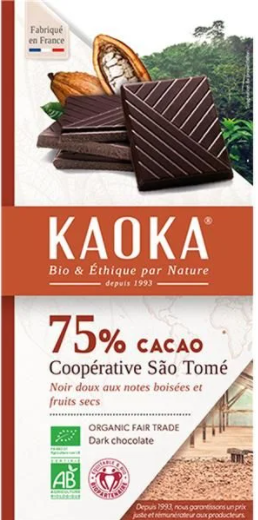 Chocolate Preto 75% Cacau Biológico Fair Trade São Tomé 100g - Kaoka - Crisdietética